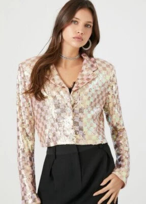 Blazer cropped quadriculado Forever 21 lantejoulas XS - Imagem 1 de 4