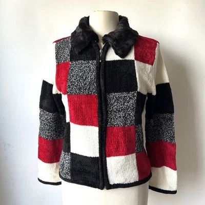 Vtg Chenille Patchwork Full Zip Jacket Sweater Sz M DressBarn Christmas Faux Fur - Image 1 of 4