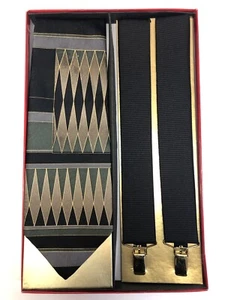 DAVID TAYLOR Mens Tie and Suspenders Set - Black/Multicolor - Picture 1 of 5