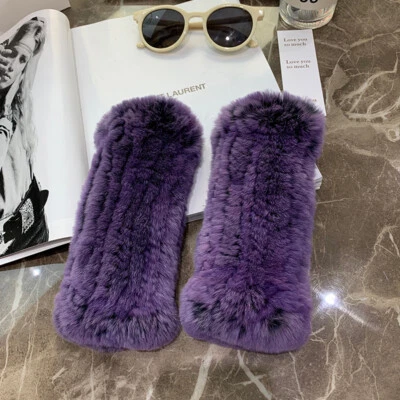 Women's Real Rabbit Fur Gloves Knitted Stretch Fingerless Warm Mitten Gloves - Image 1 of 4