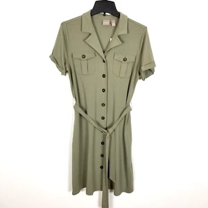 Chico's Women Safari Shirt Dress Size M Belted Button Up Short Sleeve Sage - Picture 1 of 7