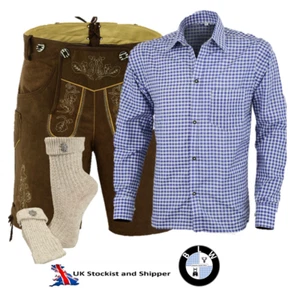 Lederhosen SINTÉTICO Cuero Alemán Pantalones Cortos Oktoberfest Camisa y Calcetines - Imagen 1 de 7