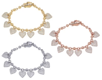 Pave' Set Dangling Hearts 6 7/10 CT Real Diamond Designer Rolo Link Bracelet ... - Image 1 of 4