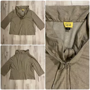 St John Spa Full Zip Cowl Neck Jacket Size XL Heathered Tan 3/4 Sleeve Stretch - Picture 1 of 10