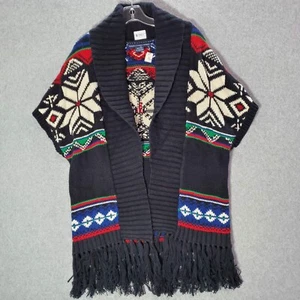 Ralph Lauren Women Sweater Small Black Wool Blend Wrap Cardigan Poncho Fringe - Picture 1 of 11