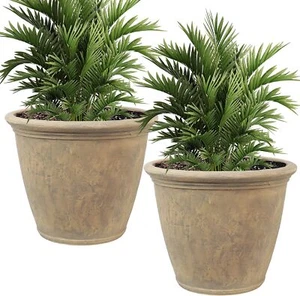 24" Double Wall Resin Outdoor Planter with UV Resistant Beige Finish - Set of 2 - Picture 1 of 7