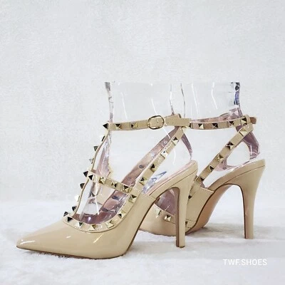 Caged Nude Cream Patent Studded Strappy Stiletto High Heel Shoes - Image 1 of 4