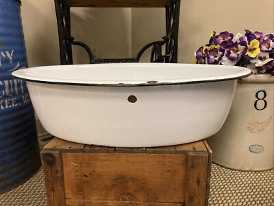 Large Enamel Ware Tub Basin Oval Wash Bowl 25” White Black Baby Bath Farmhouse - Image 1 of 4