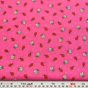 Ladybugs Daisy & Pin Dots on Pink Unbranded Cotton Fabric Remnant 23" x 45" - Picture 1 of 2