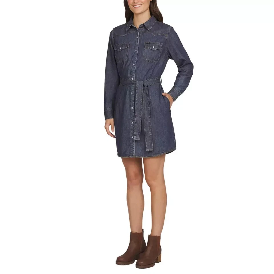 Wrangler Women's Long Sleeve Western Snap Denim Dress Dark Blue Size XS