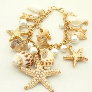 Starfish Charm Bracelet Women Shell Dangle Beach Sea Gold Plated NEW - Picture 1 of 4