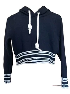 Zara Navy Blue & White Striped Cuffs Cropped Hoodie Chunky Drawstrings | Size S - Picture 1 of 16