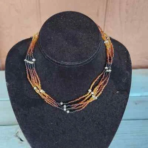 Vintage Seed Beaded Choker Necklace multi-strand 80s Black Brown White Bohemian  - Picture 1 of 7