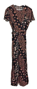 Asos Women's Floral Jumpsuit Size 12 Black Short Sleeves Tie Belt Zip Used F1 - Picture 1 of 10