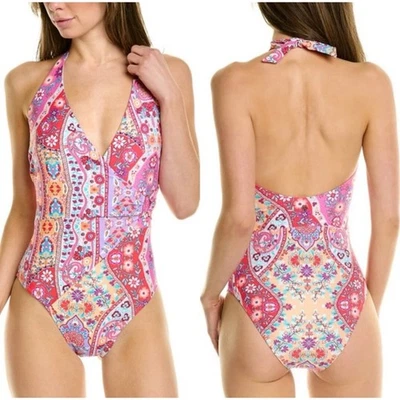 Nanette Lepore One Piece Swimsuit Floral Wrap Halter Size 12 - Image 1 of 4