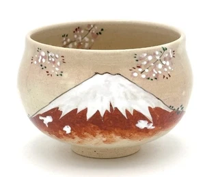 Kyo Kiyomizu yaki ware Japanese Matcha Tea bowl Chawan Red Mt Fuji Hand-drawn - Picture 1 of 7