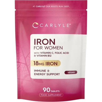 Iron Tablets for Women 18mg | 90 Count | + Vit C, B12 & Folic Acid | By Carlyle
