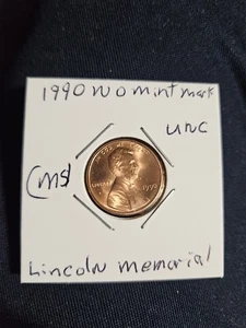 1990 Lincoln Memorial Penny Errors No Mint Mark, UNC., (MS) - Picture 1 of 8