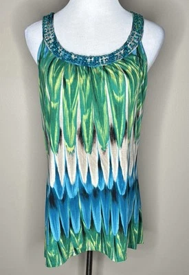 INC женщин Майка без рукавов блузка сине-зеленый в полоску с блестками размер L. - Изображение 1 из 4