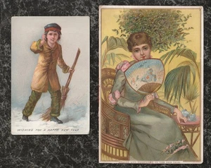 Lote 2 Tarjetas Victorianas Año Nuevo Mujer con Abanico 5.25x3.5 Niño Barriendo Nieve 4x2.5 - Imagen 1 de 4
