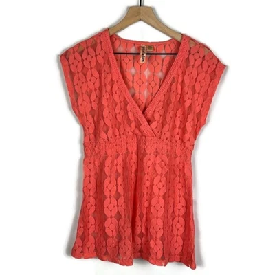 Blusa Babydoll Sombra de Ojos Encaje Transparente Y2K Top Cuello en V Profundo Melocotón Naranja Talla Grande Foto 1 de 4