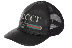 NEW GUCCI BLACK LEATHER WEB LOGO DETAIL BASEBALL CAP HAT 58/M MEDIUM - Picture 1 of 7
