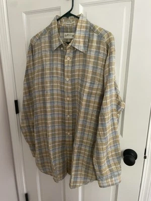 Orvis 100% Linen Men’s Button Down Shirt. Large Tan & Blue Plaid - Image 1 of 4