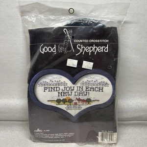 Kreuzstich Set Guter Hirte Vintage 1986 Bausatz Herzrahmen FINDE FREUDE AN JEDEM NEUEN TAG - Bild 1 von 2