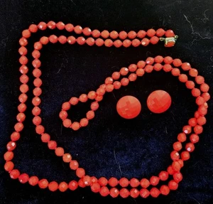 Vtg Red Glass String Beaded Necklace & Earrings Set 27" drop #9 - Picture 1 of 7