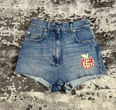 Gucci GG Letter Ebroidery Apple Logo Denim Shorts Womens Size 25 NWT RRP £495 - Image 1 of 4