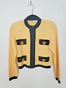 St John Knit Yellow/Blk Trim Zip Up Cardigan Cropped Jacket USA Made Womens P - Picture 1 of 7