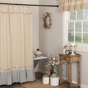 New Southern Farmhouse Gray Tan COTTON BOLL FEED SACK Ruffled Shower Curtain - Picture 1 of 2