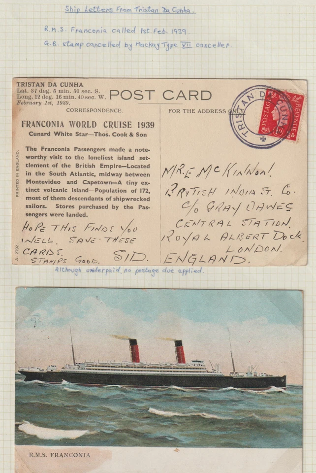 TRISTAN DA CUNHA - " FRANCONIA WORLD CRUISE 1939 " TYPE VII CACHET ON PC - Image 1 of 1