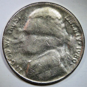 1980 P Jefferson nickel error, struck through late stage capped die - Picture 1 of 10