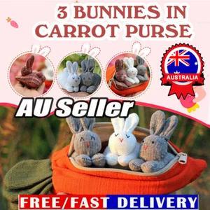 Hide-and-Seek Bunnies in Carrot Pouch Easter 3 Rabbits into Carrot Purse Bag TK - Picture 1 of 11