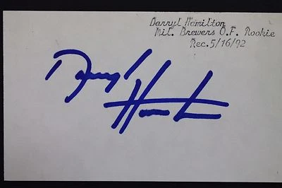 Tarjeta índice firmada autografiada por Darryl Hamilton (d.2015) Brewers Giants 3x5 16L Foto 1 de 3