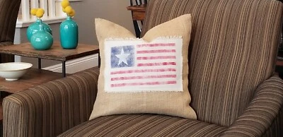 4th of July Burlap Throw Pillow Cover, American Flag 17"X17", Rustic Home Decor - Image 1 of 2