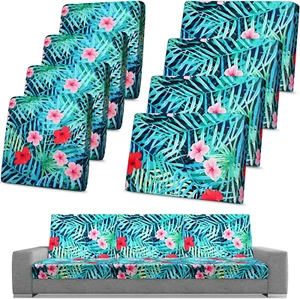 Patio Furniture Sofa Slipcovers 8 PCS Waterproof Stretch Cushion Covers Tropical - Picture 1 of 7