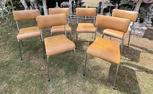 Retro Mid Century Set Of 6 Chrome Framed Tan Dining Chairs - Picture 1 of 8
