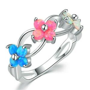Multi White Opal Flowers Design Silver Ring Band US Size 5 - 11 Free Gift Box