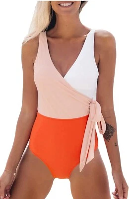 CUPSHE Women's One Piece Swimsuit Wrap Color Block Tie Side Bathing Suit L NWT - Изображение 1 из 4