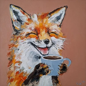 Oil Painting of Fox Enjoying a Cup of Coffee, Wildlife Original Painting, 6x6" - Picture 1 of 8