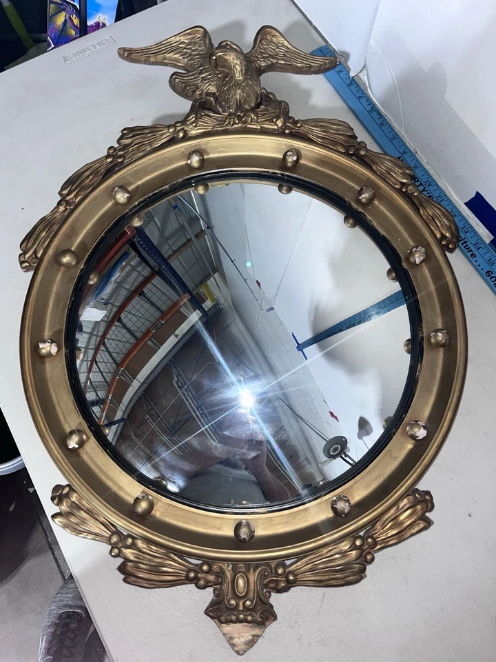 Antiguo Espejo Federal Oro Madera Águila Marco 13 Colonias Convexo Bullseye 28x20 Foto 1 de 4