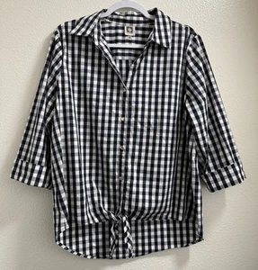 Anne Klein Plaid Quarter Sleeve Button-Up Blouse Tie Bottom Navy Blue Large - Picture 1 of 8