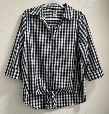 Anne Klein Plaid Quarter Sleeve Button-Up Blouse Tie Bottom Navy Blue Large - Изображение 1 из 4