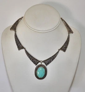 Collar de plata de ley 925 turquesa y marcasita - Imagen 1 de 5