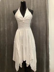 Women’s White Crochet Halter Tie Back Handkerchief Midi Dress Size L - Picture 1 of 6
