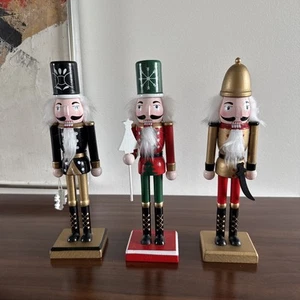 Set Of 3 Christmas 10” Tall Nutcrackers Soldiers Wooden Black Gold Red New - Picture 1 of 8