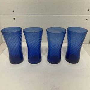 4 Cobalt Blue ANTIQUE BLOWN GLASSES with Twist Design Cobalt Blue Rare - Picture 1 of 4