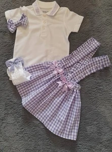 GIRLS SCHOOL UNIFORM 2-14 YEARS SKIRT POLO SHIRT CLIP SOCKS LILAC GINGHAM - Picture 1 of 2